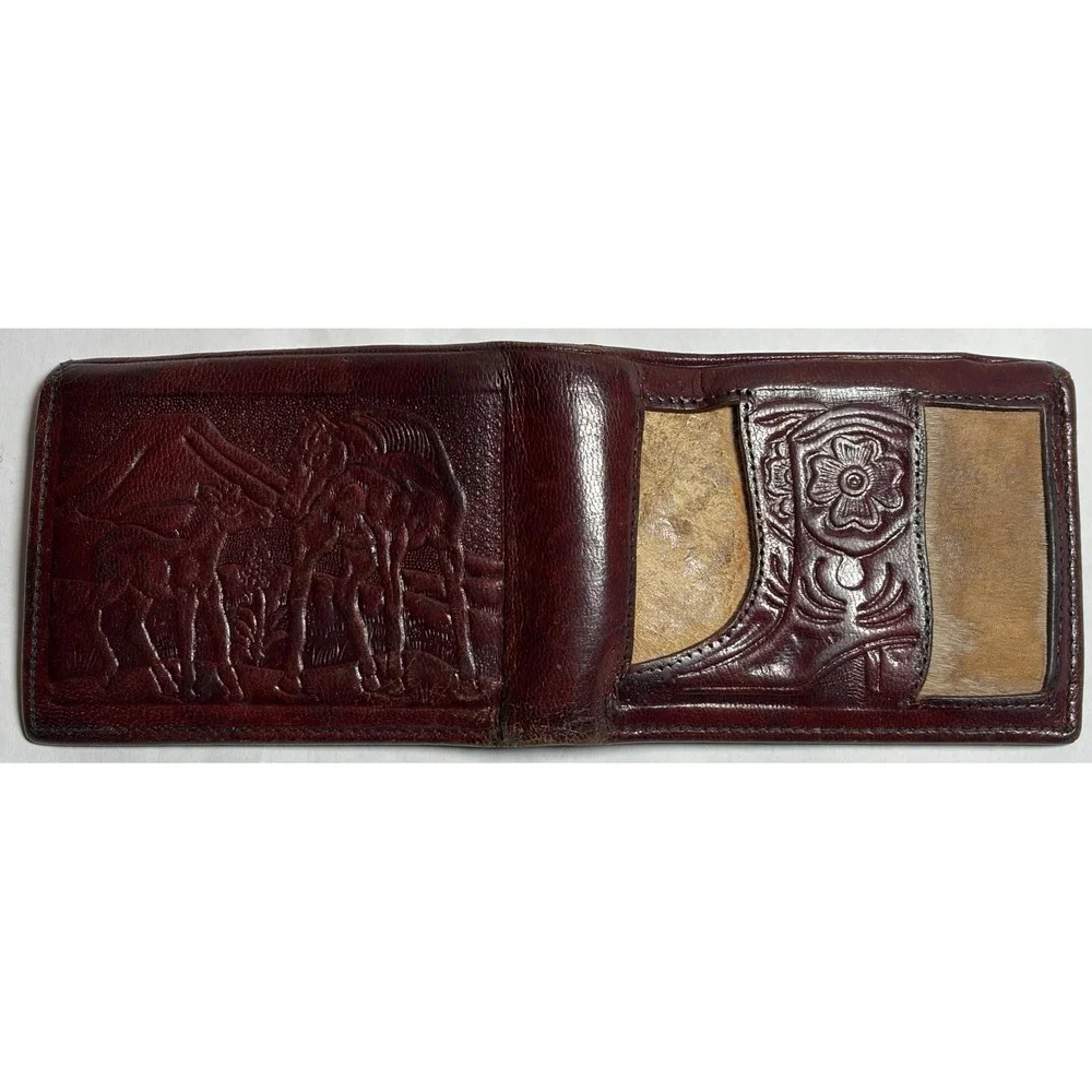 Vtg Mexican Tooled Leather Bifold Wallet‎ Cowboy Boot Hair-On Cowhide DAMAGED